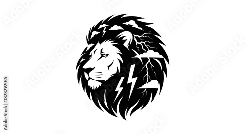 Black and white illustration of a lion's head with a lightning bolt on a plain white