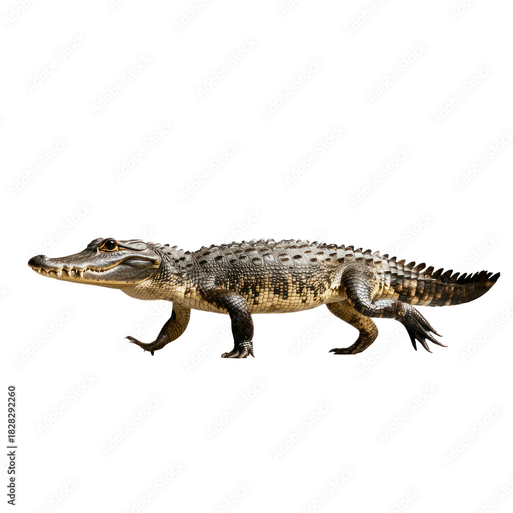 Naklejka premium Crocodile walking A crocodile moves slowly on land with low, deliberate steps. full length isolate on transparent background