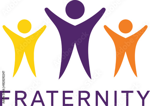 Three colorful abstract figures with arms raised and the word FRATERNITY fraternity brotherhood