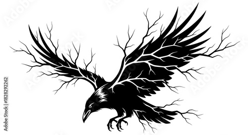 Black silhouette of a bird with outstretched wings and bare tree branches on white