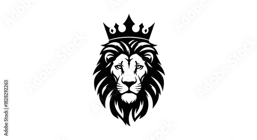 Black and white illustration of a lion's head wearing a crown on a plain background.