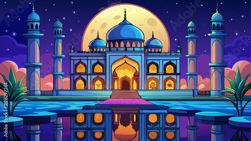 Cartoon taj mahal with moon and water reflection