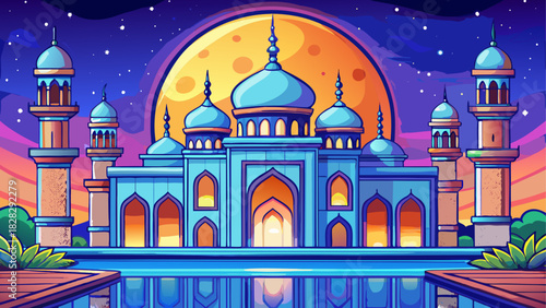 Illustration of a mosque under a full moon night