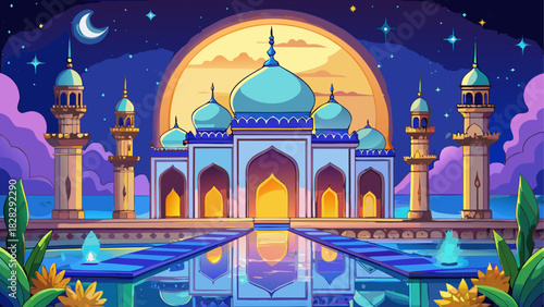 Illustration of a mosque at night with moon view