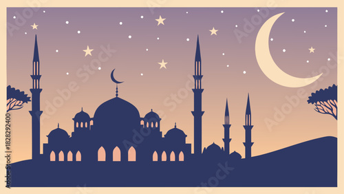 Silhouette of a mosque at night with moon stars