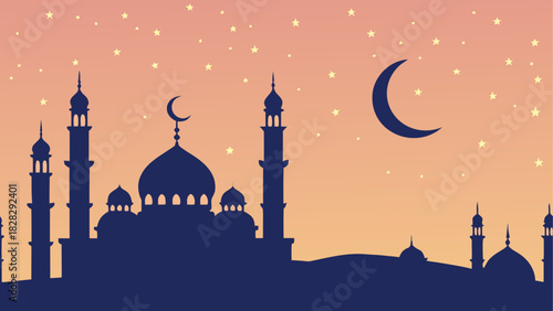 Silhouette of mosque with moon and stars at night