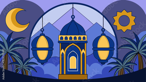 Illustration of ramadan night with moon and palms