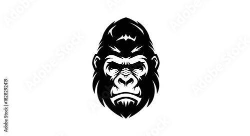 Black and white illustration of a gorilla's face on a white background.