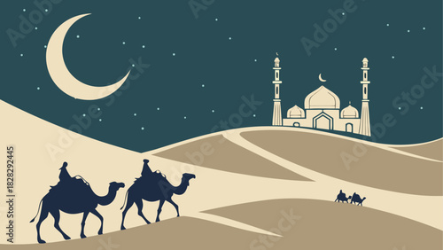 Camels crossing desert towards mosque at night