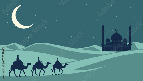 Camels walking across desert under moonlight sky