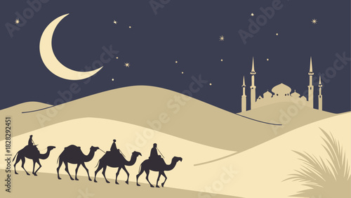 Camels walking in desert at night with moon view