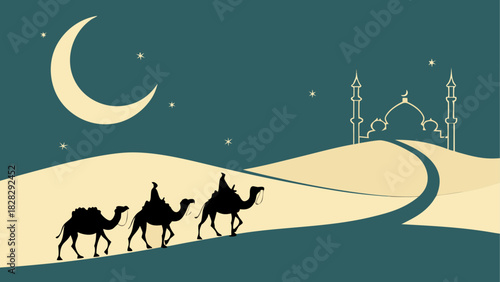 Camels caravan crossing desert at night scenery