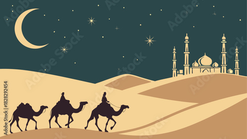 Camels traversing desert landscape under night sky