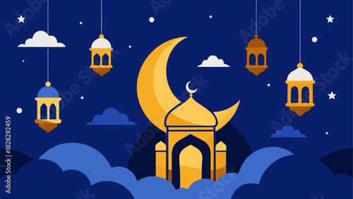 Illustration of mosque with moon and lanterns