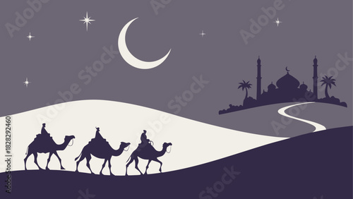 Silhouette of camels traveling to the mosque at night