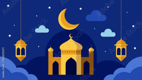 Illustration of mosque with moon and lanterns