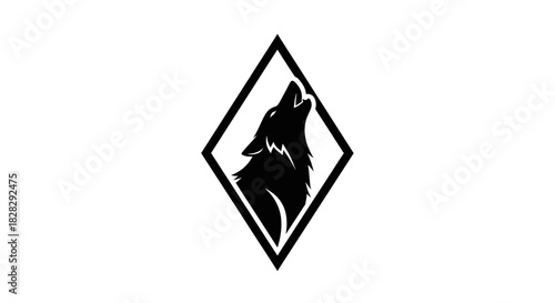 Black silhouette of a howling wolf head in a diamond shape on white background