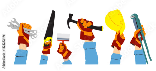 hands holding set of tools vector ,labor kit ,construction tools