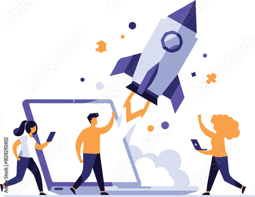 A dedicated team collaborates on a new business venture, launching a startup rocket from a giant laptop screen