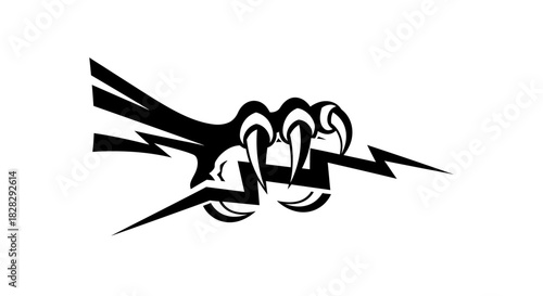 Black and white illustration of two fists punching through a surface with lightning bolts