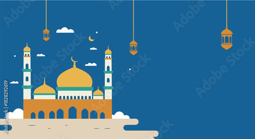 Islamic Mosque Illustration on a Blue Background with Lanterns, Perfect for Ramadan Greetings and Celebrations