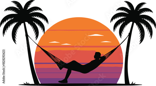 Relaxing in a Hammock on a Tropical Beach at Sunset Silhouette Vector Art