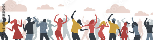 Silhouettes of diverse people celebrating and dancing at an outdoor festival or party