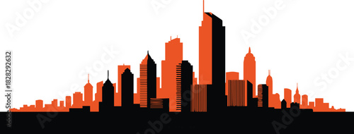 Abstract orange and black silhouette of a modern city skyline with tall buildings and skyscrapers