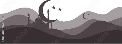 Islamic mosque silhouette design with crescent moon and stars, perfect for Ramadan or Eid celebrations