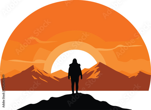 Silhouette of a lone adventurer gazing at a majestic mountain range during a vibrant sunset, symbolizing exploration and achievement