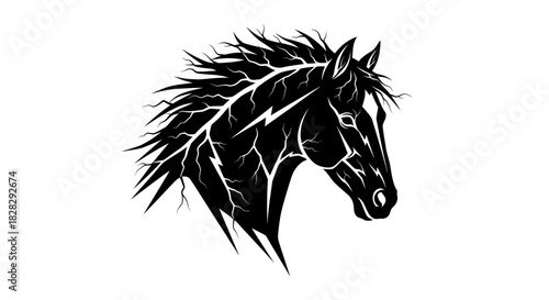 Black and white illustration of a horse's head with a dynamic mane on a plain background.