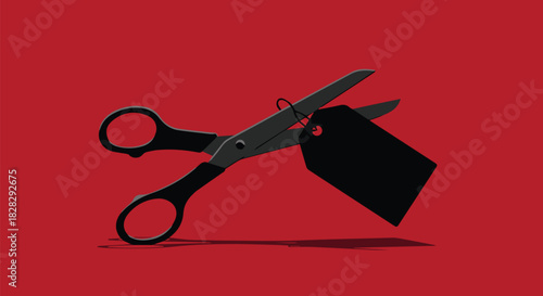 A conceptual illustration of black scissors ready to cut a blank price tag against a bold red background, representing cost reduction and sales
