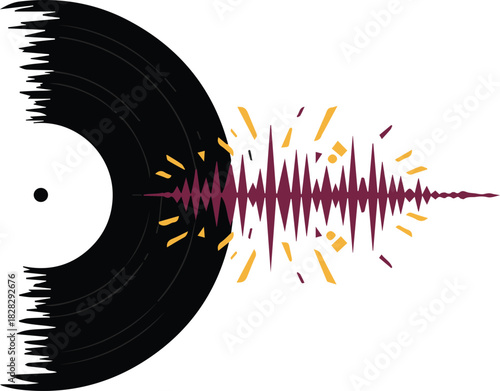 Abstract illustration of a vinyl record breaking into a vibrant audio waveform, symbolizing the power of music and sound