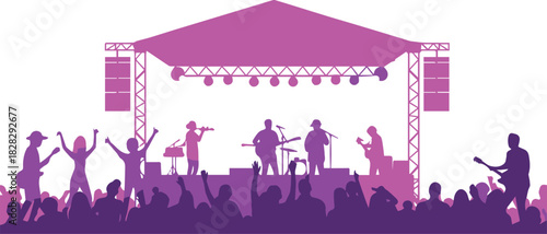 Silhouette of a band performing live on a stage with a crowd cheering in the foreground