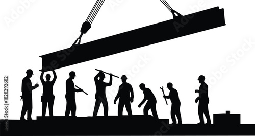 Construction workers guiding a large steel beam being lifted by a crane into place