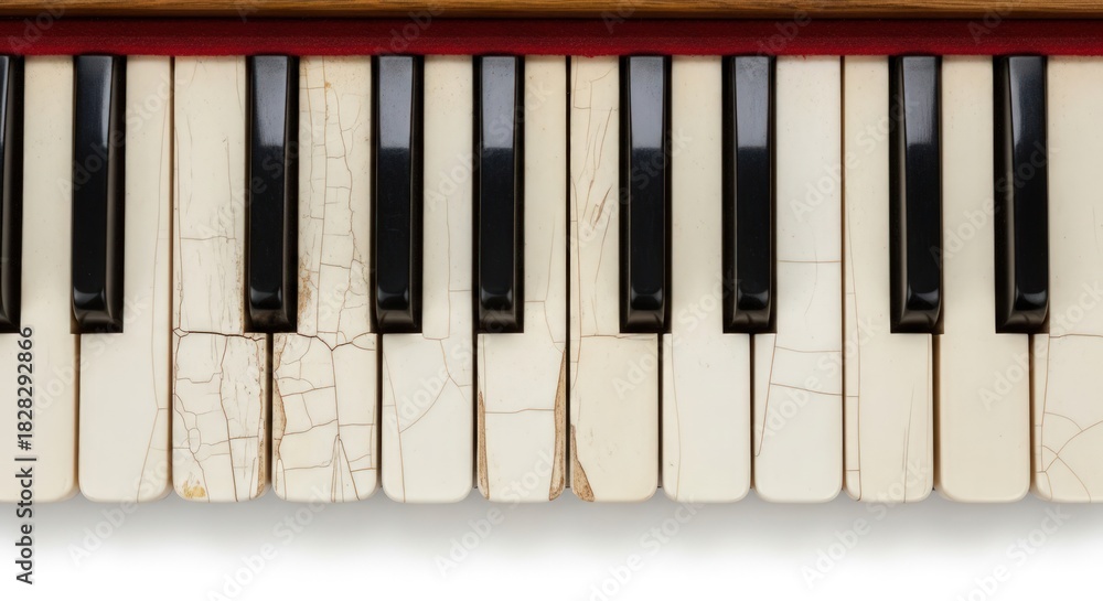 Fototapeta premium Close-up of old piano keys with cracked ivory surfaces on a white background