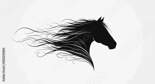 Black silhouette of a horse's head with flowing mane against a white background.