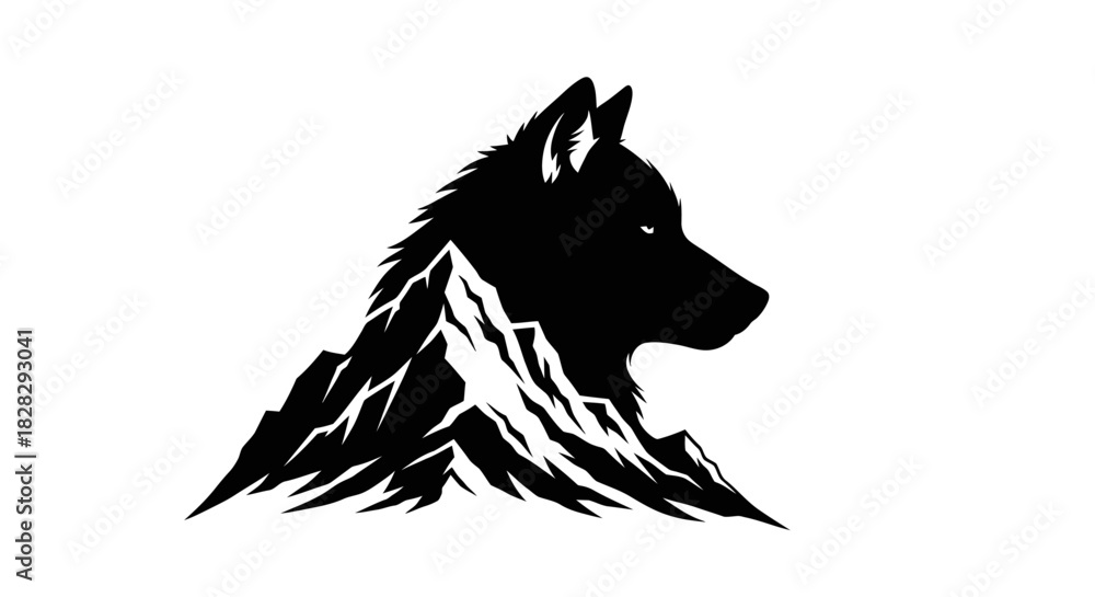 Naklejka premium Black silhouette of a dog's head emerging from a mountain range on a white background
