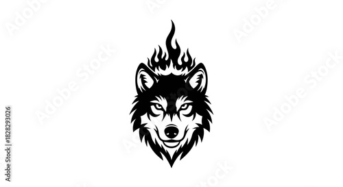 Illustration of a wolf's head with flames on a white background.