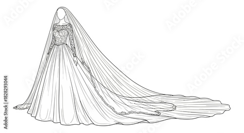 Elegant bridal gown sketch with intricate lace detailing and flowing cathedral veil