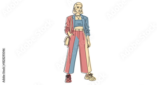 Fashionable woman striking a pose wearing a stylish color-blocked outfit with confidence and flair