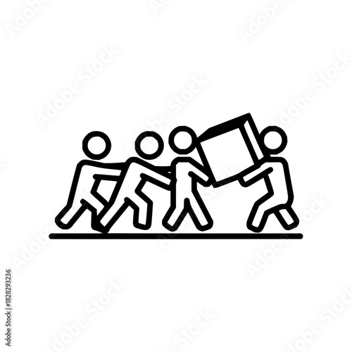 Teamwork and collaboration illustrated by people carrying a heavy box together in black and white style