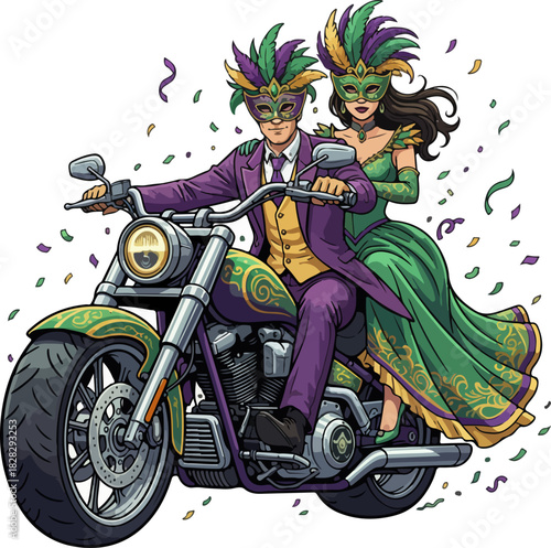 Mardi Gras Masked Riders on Big Motorcycle Vector Art