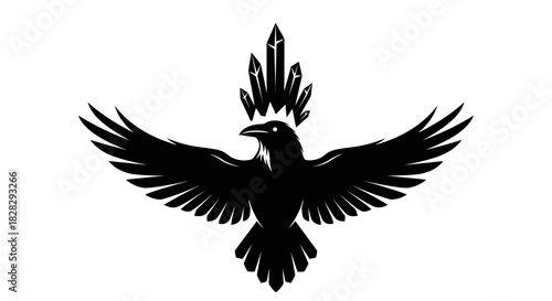 Black silhouette of a bird with outstretched wings and a crown-like design on a white