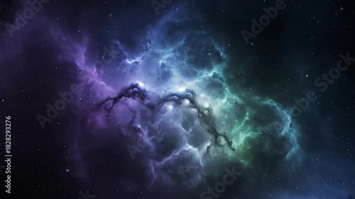 Majestic purple and turquoise cosmic nebula glowing with swirling tendrils of gas, rendered as a high resolution digital illustration of the deep universe.