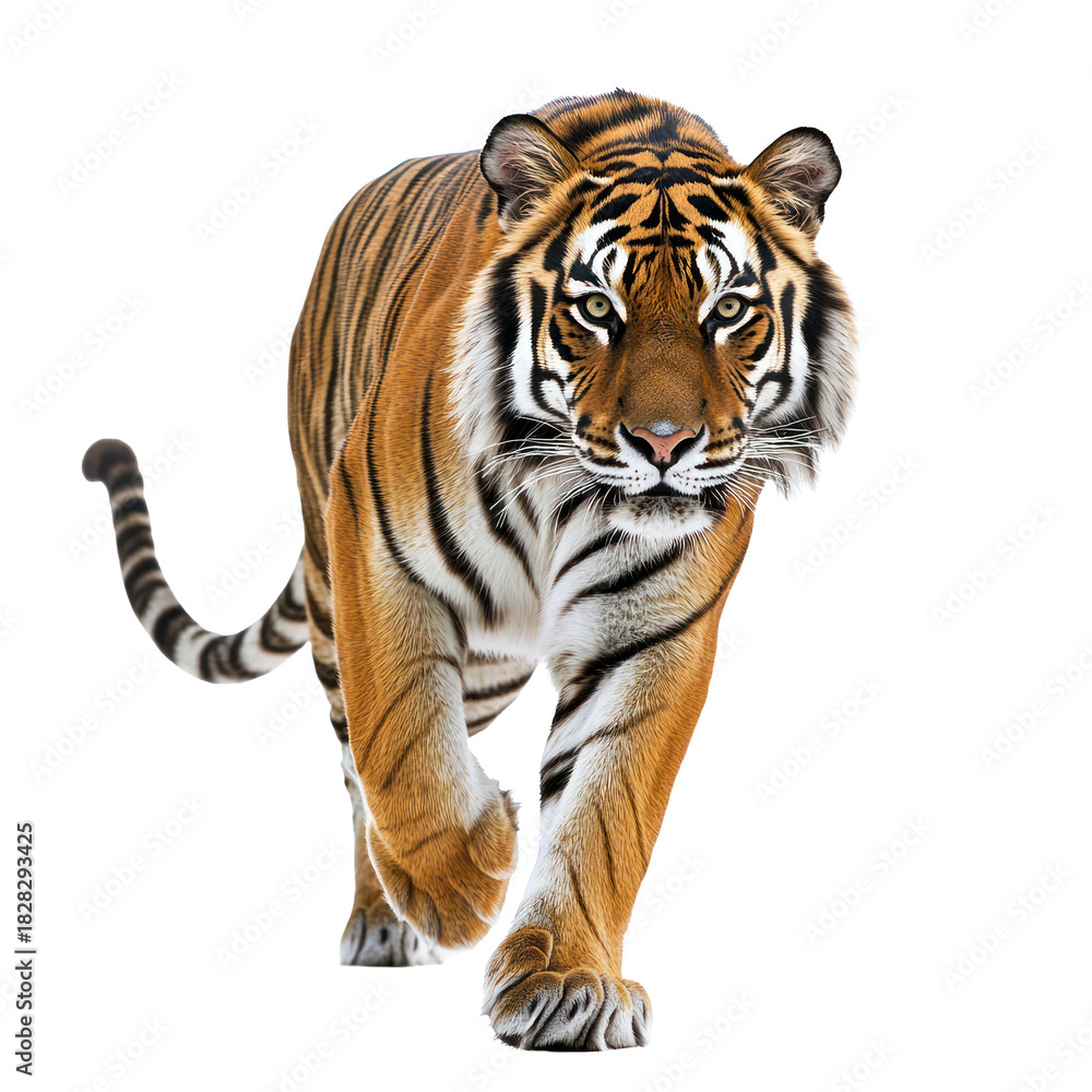 Fototapeta premium Tiger walking A tiger strides forward with powerful, fluid movements and tail swaying. full length isolate on transparent background