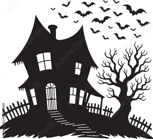 Black silhouette of haunted house with bats and bare tree