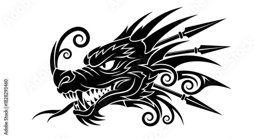 Black and white illustration of a mythical dragon head with sharp teeth and decorative