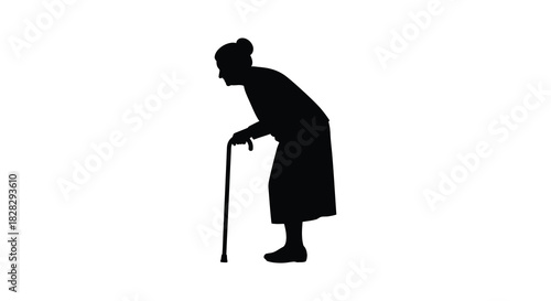 Elderly woman leaning on cane silhouette in black and white silhouette