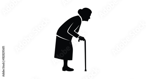 Elderly woman walking with cane silhouette in black and white
